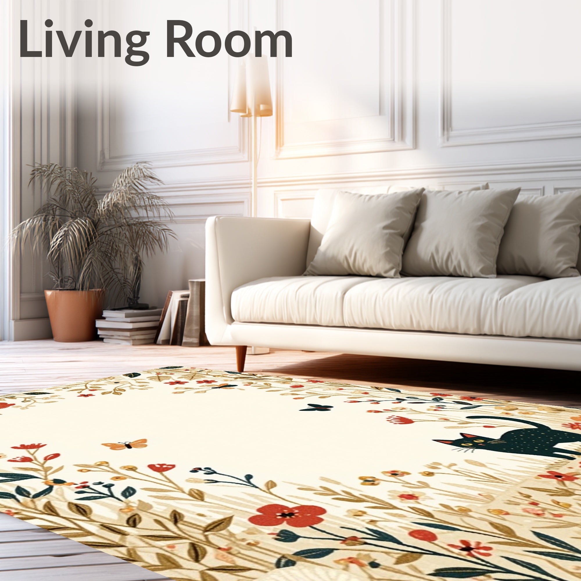 Whimsical Black Cat Floral Garden Rug