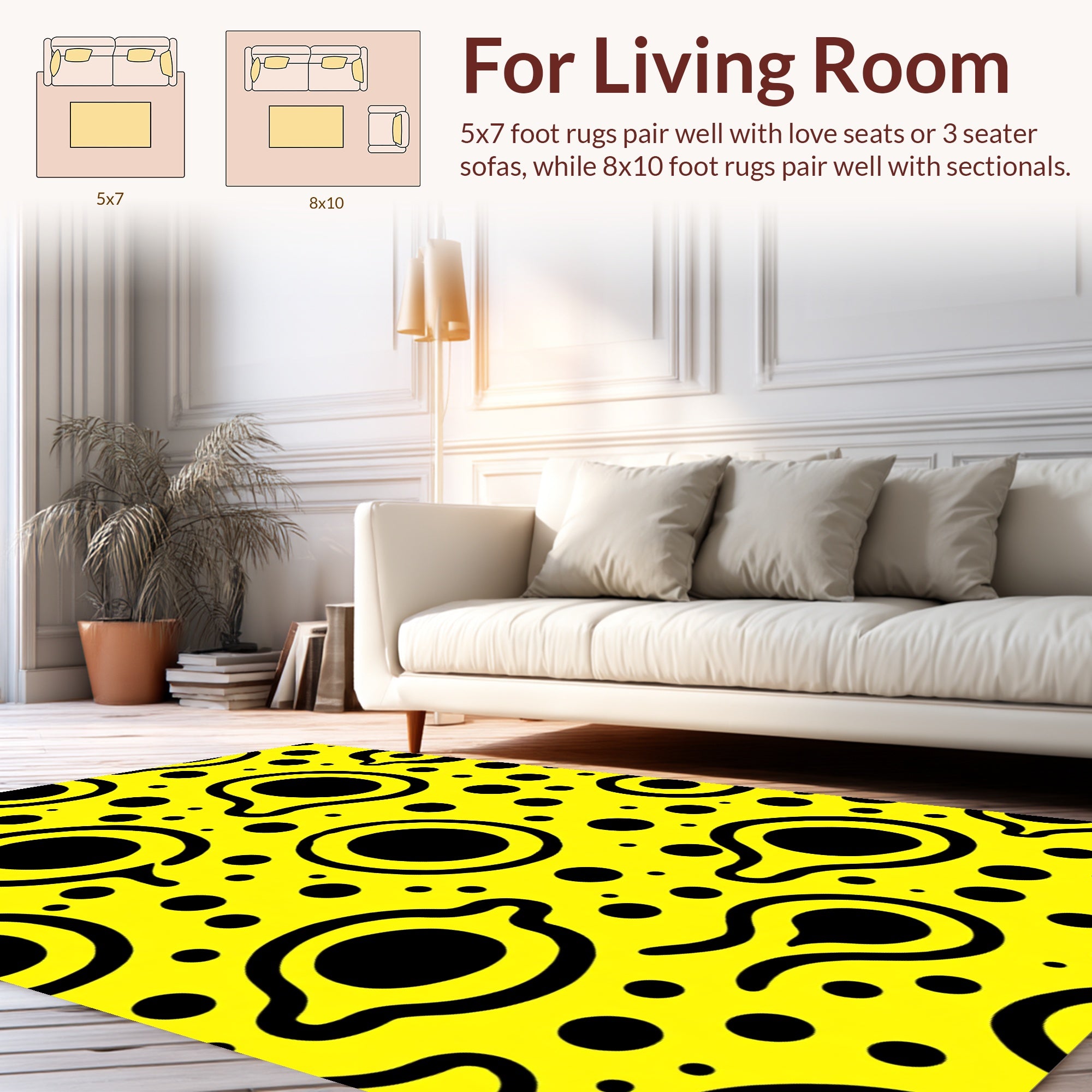 Bright Yellow Black Blob Pattern Rug
