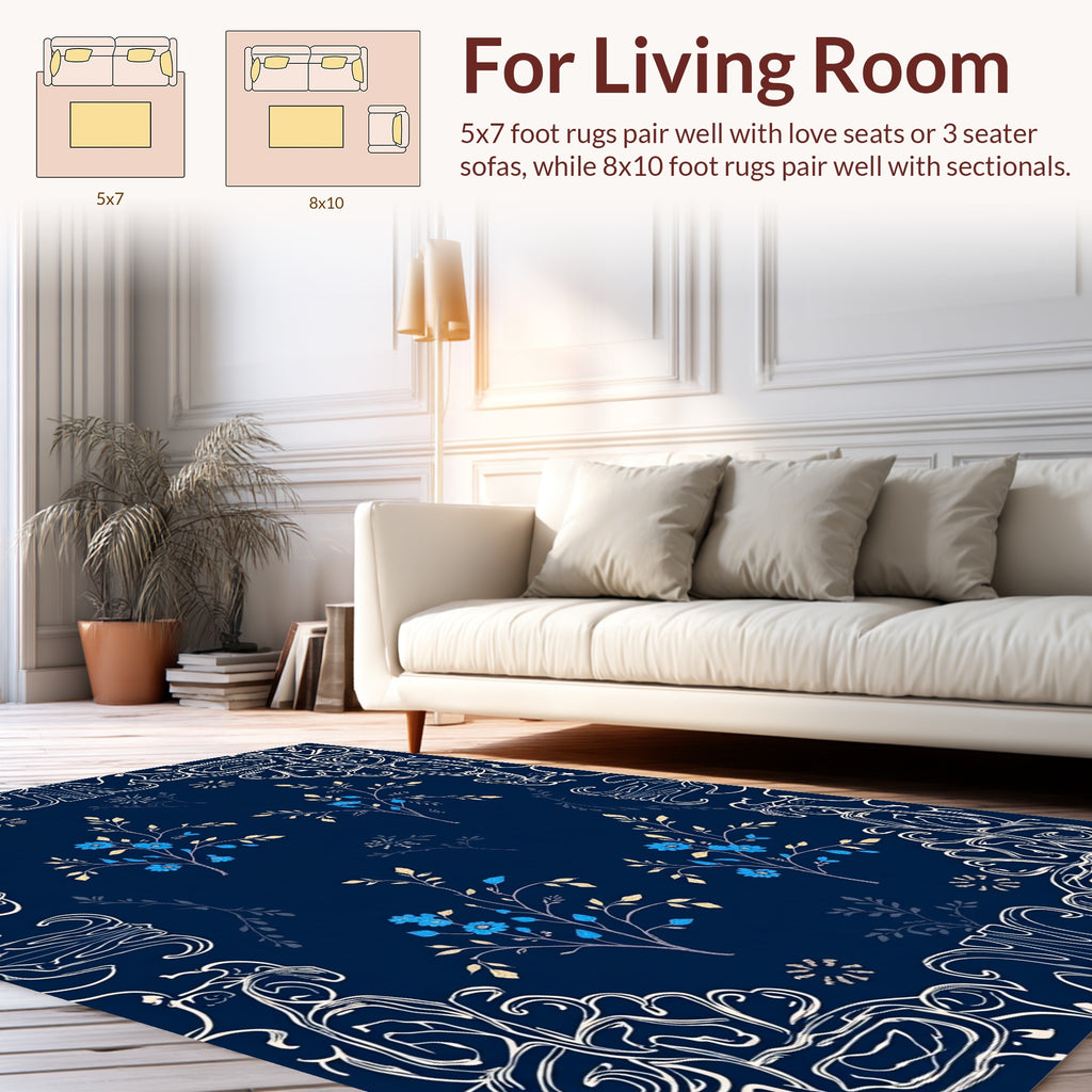 Elegant Blue Floral Vine Border Pattern Rug