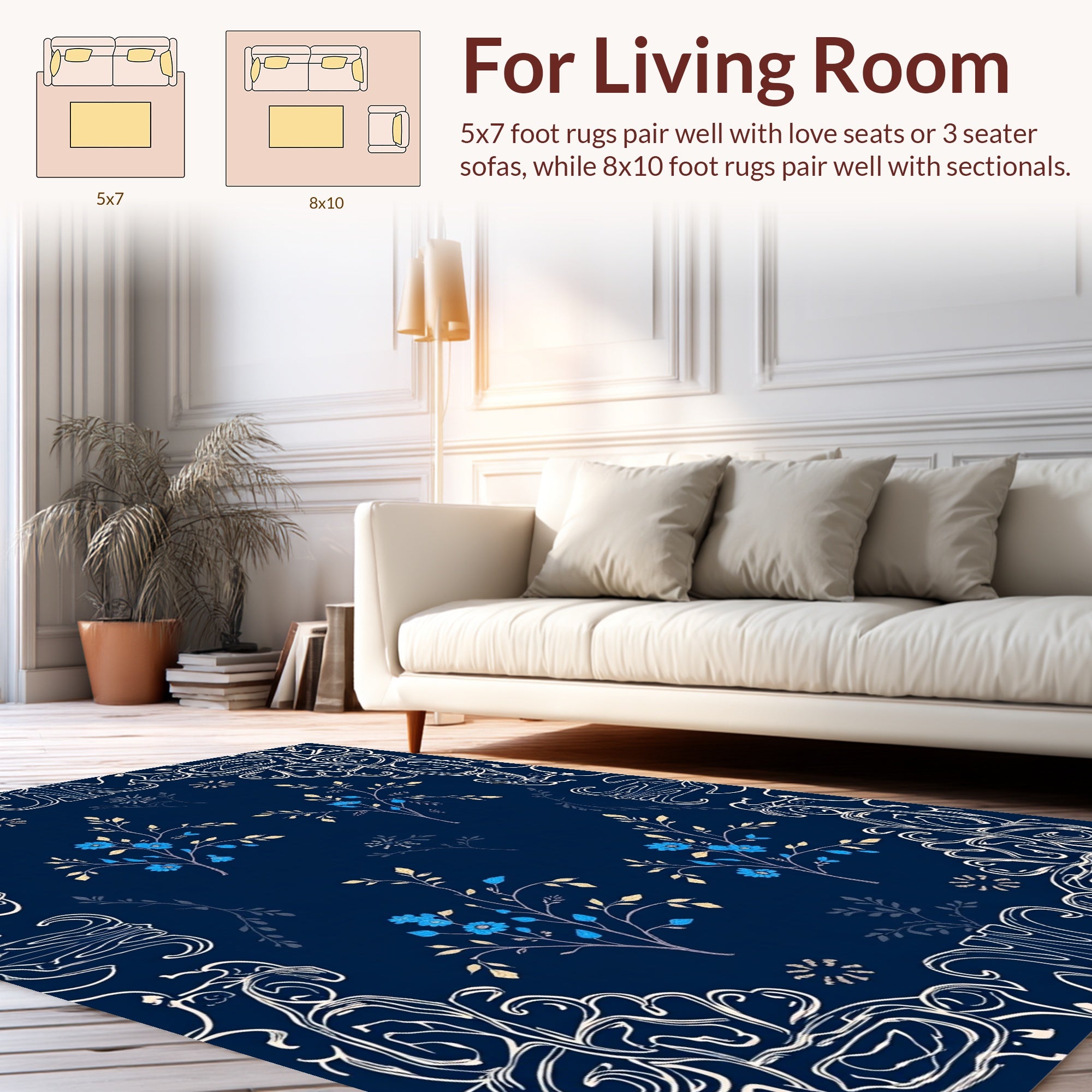 Elegant Blue Floral Vine Border Pattern Rug