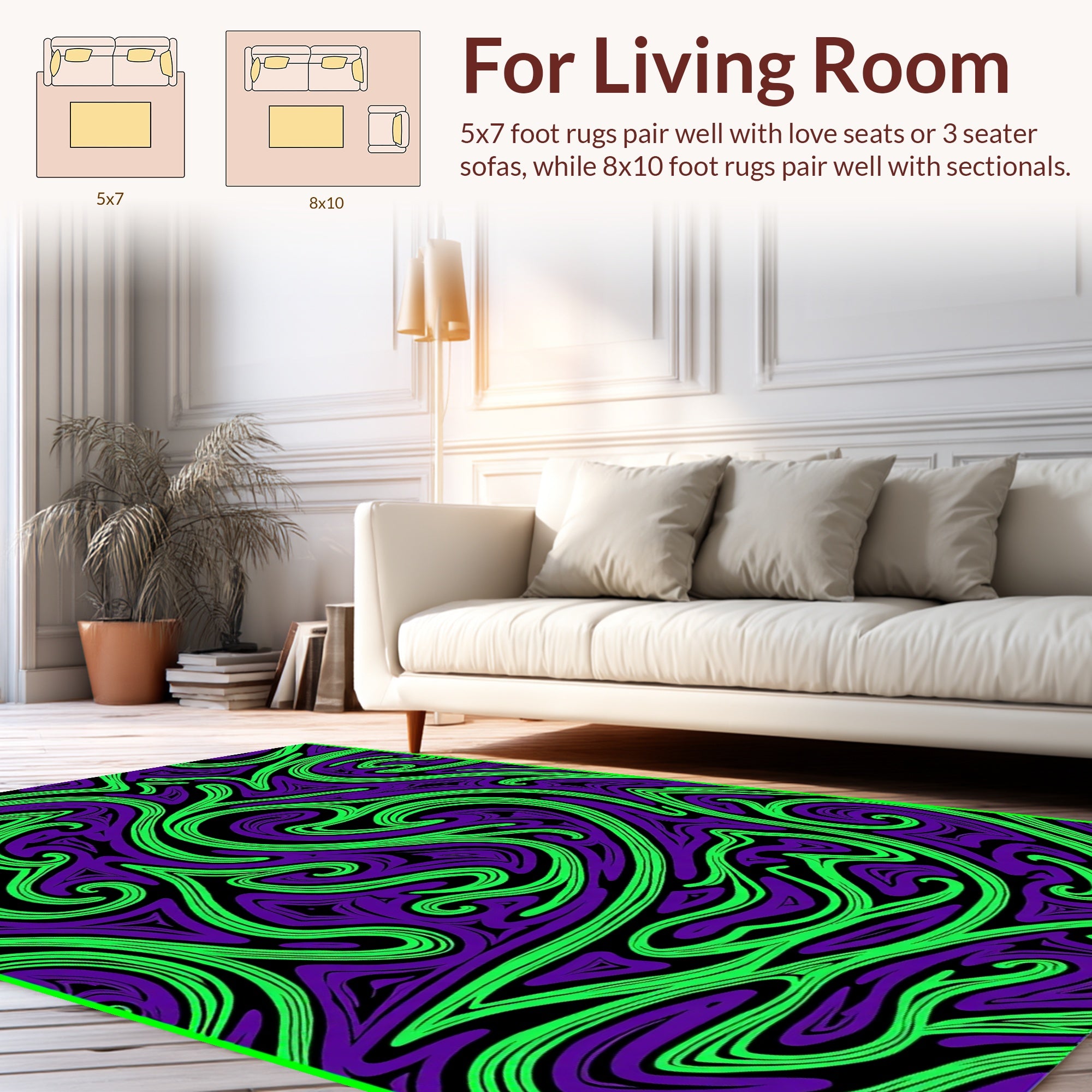 Bold Purple Green Swirl Pattern Rug