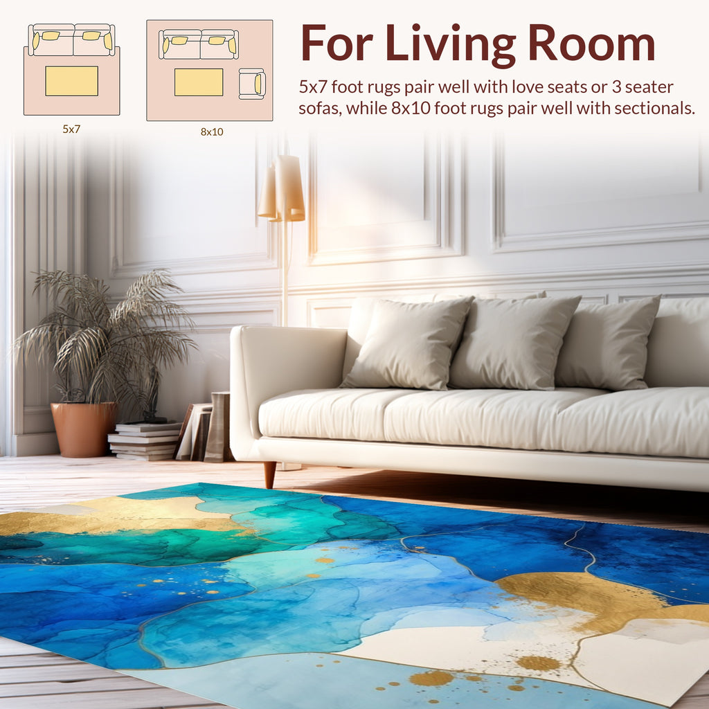 Abstract Blue Teal Gold Fluid Art Rug