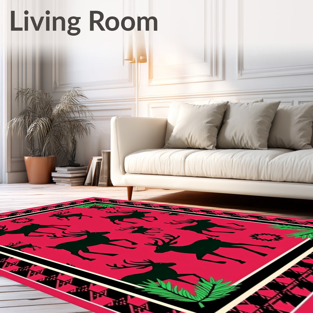 Crimson Reindeer Silhouette Pine Sprig Rug