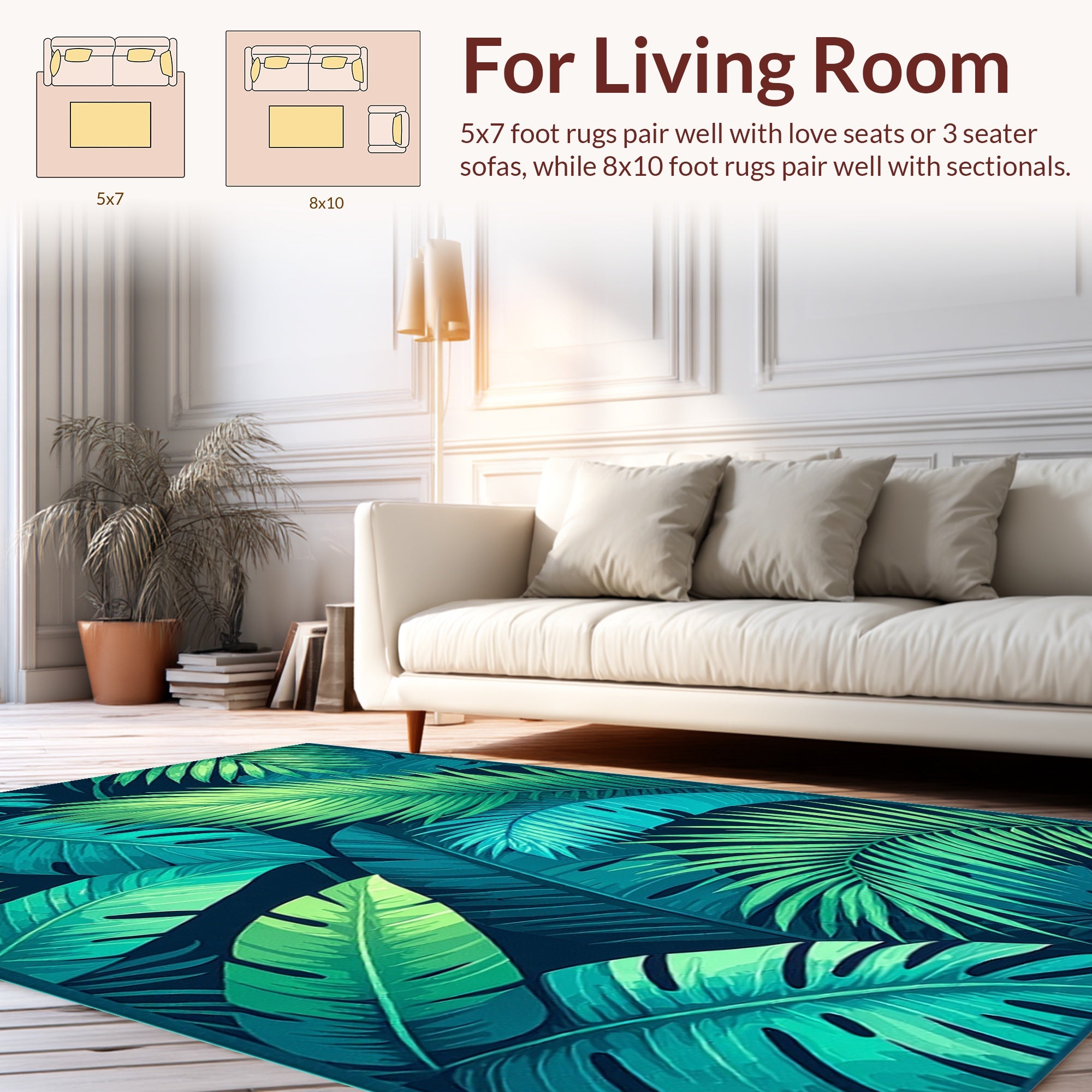 Tropical Leaf Patterned Green Blue Rug