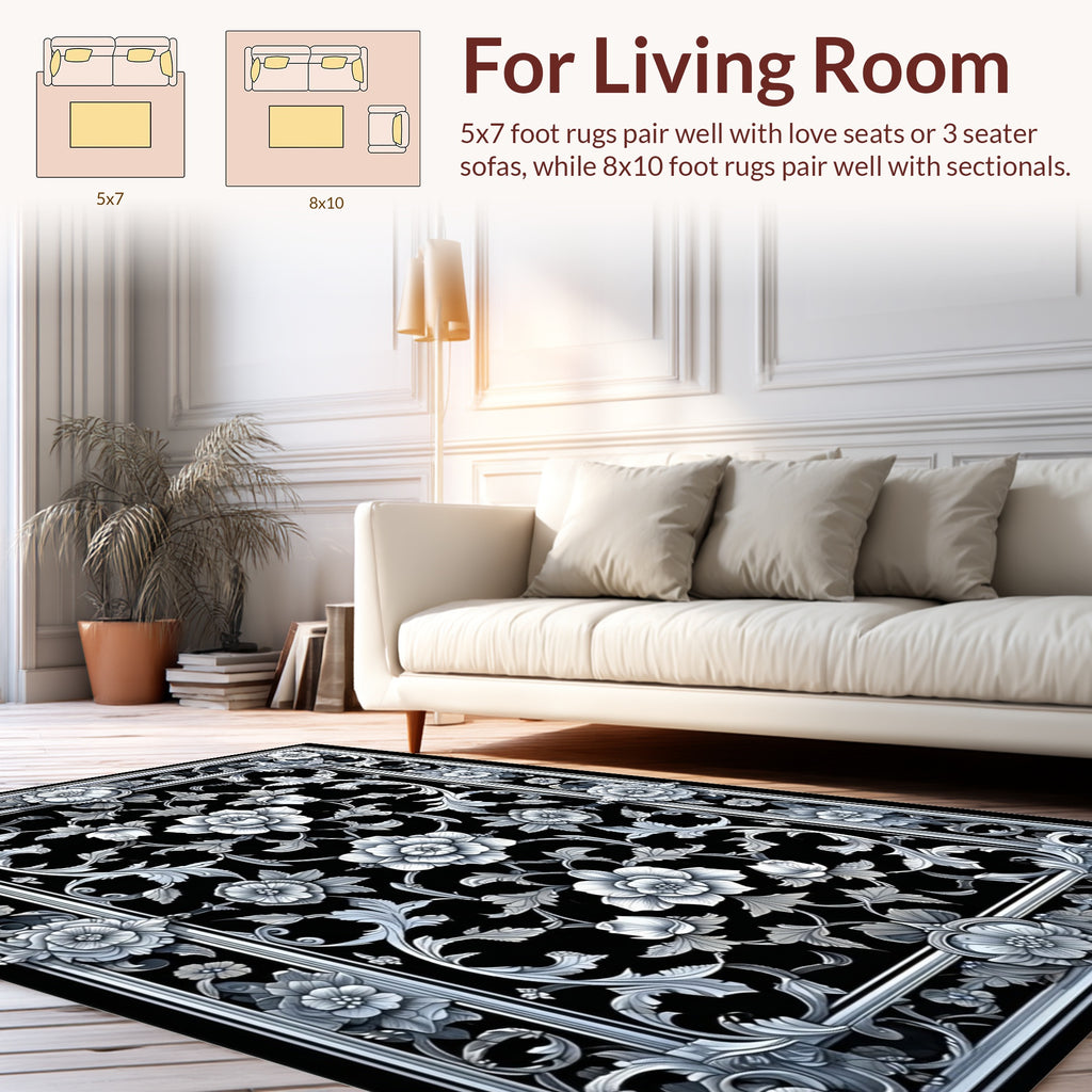 Intricate Floral Scrolls Monochrome Rug