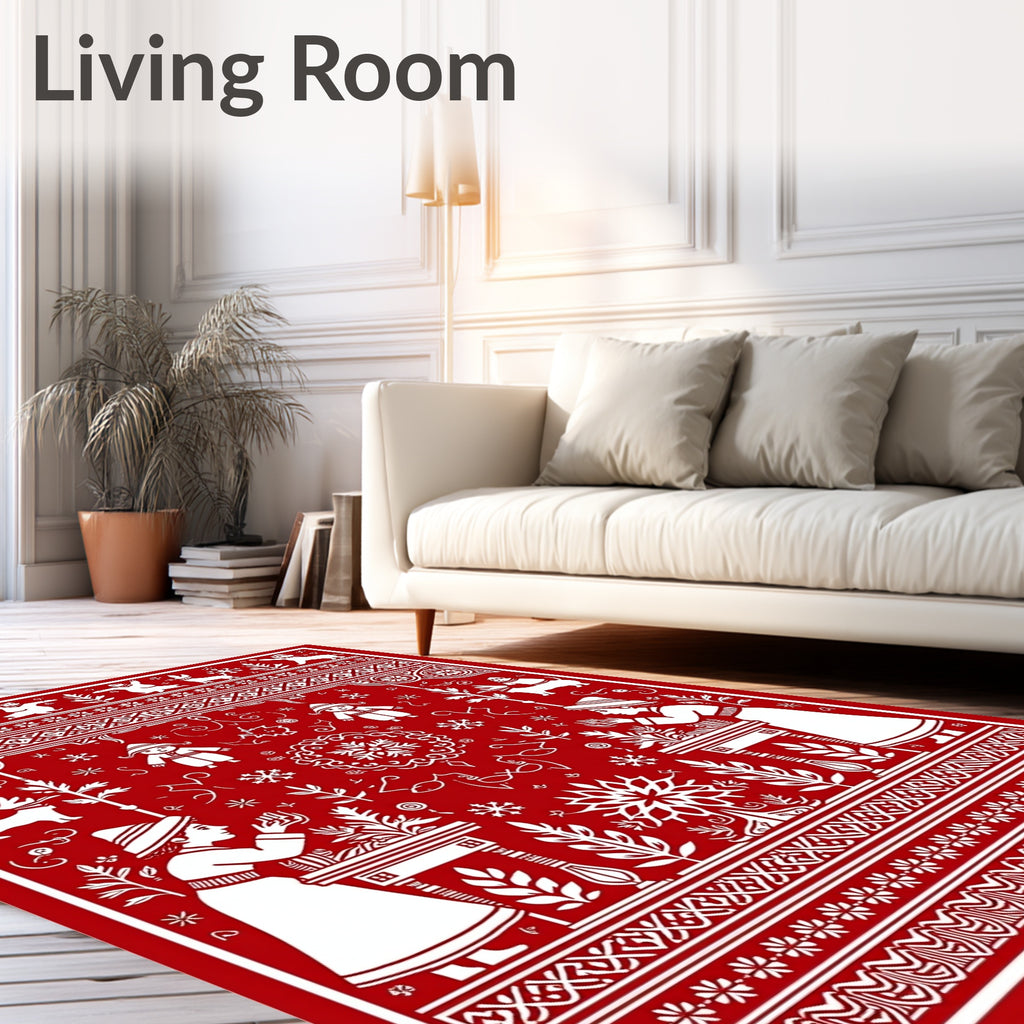 Red White Folk Art Village Scene Rug