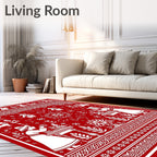 Red White Folk Art Village Scene Rug