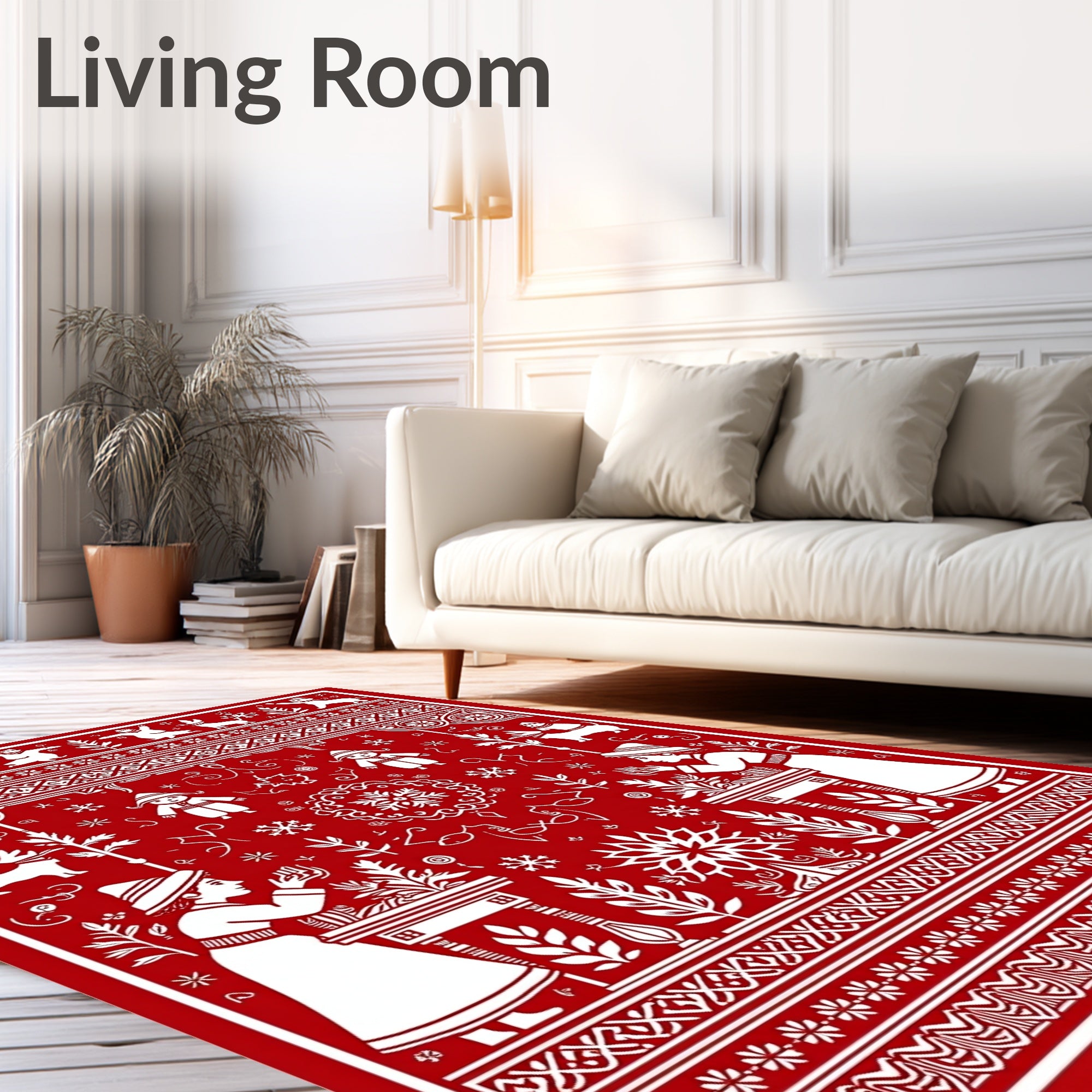 Red White Folk Art Village Scene Rug