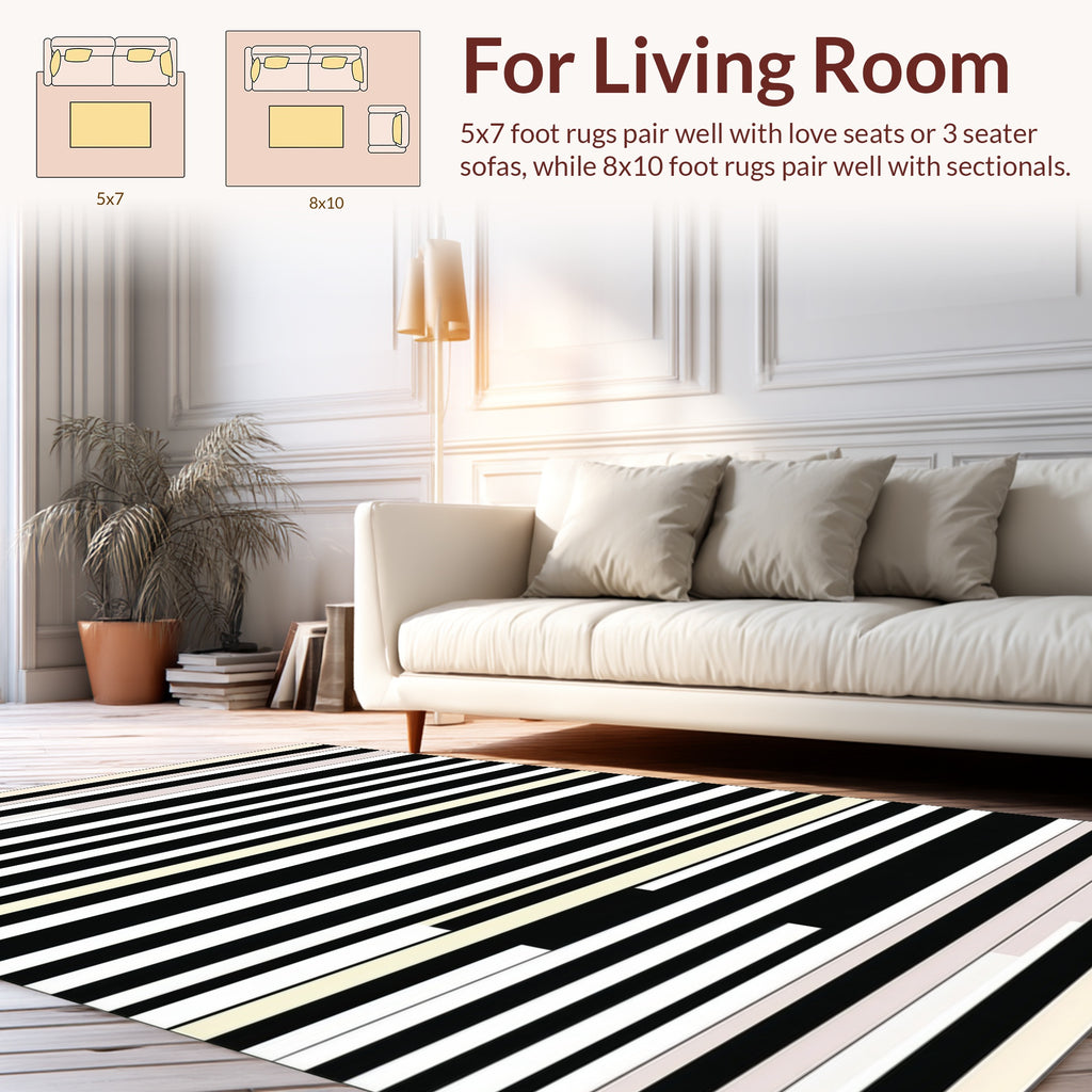 Bold Black White Cream Stripes Rug