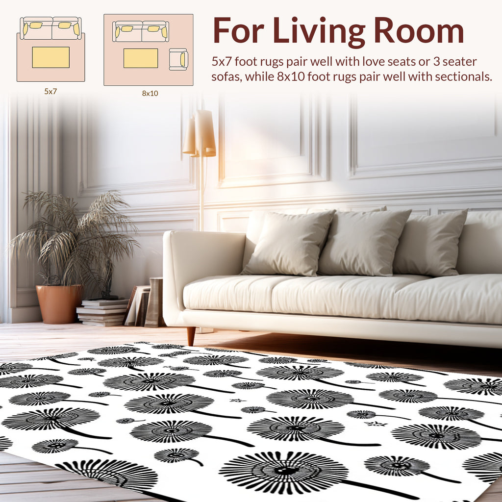 Whimsical Black Floral Dandelion Pattern Rug