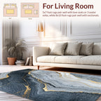 Abstract Blue Gold Veined Marble Pattern Rug