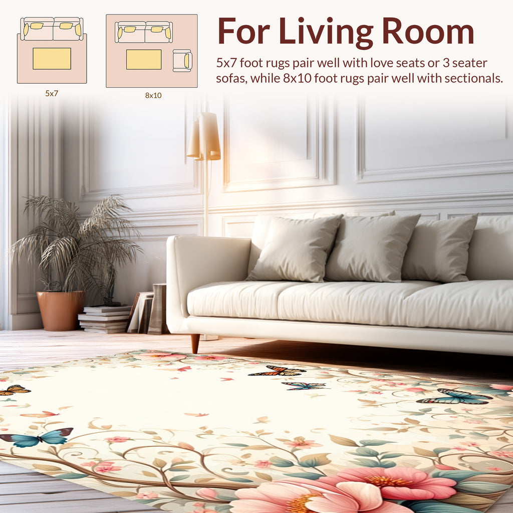 Delicate Floral Butterfly Garden Pattern Rug
