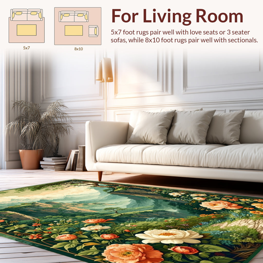 Enchanted Floral Mountain Valley Scene Rug
