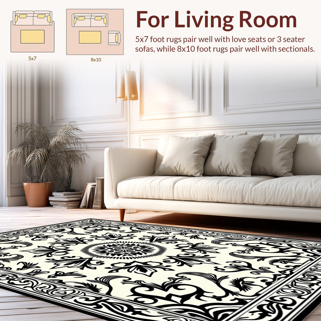 Elegant Black Ivory Damask Pattern Rug