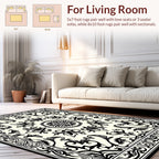 Elegant Black Ivory Damask Pattern Rug