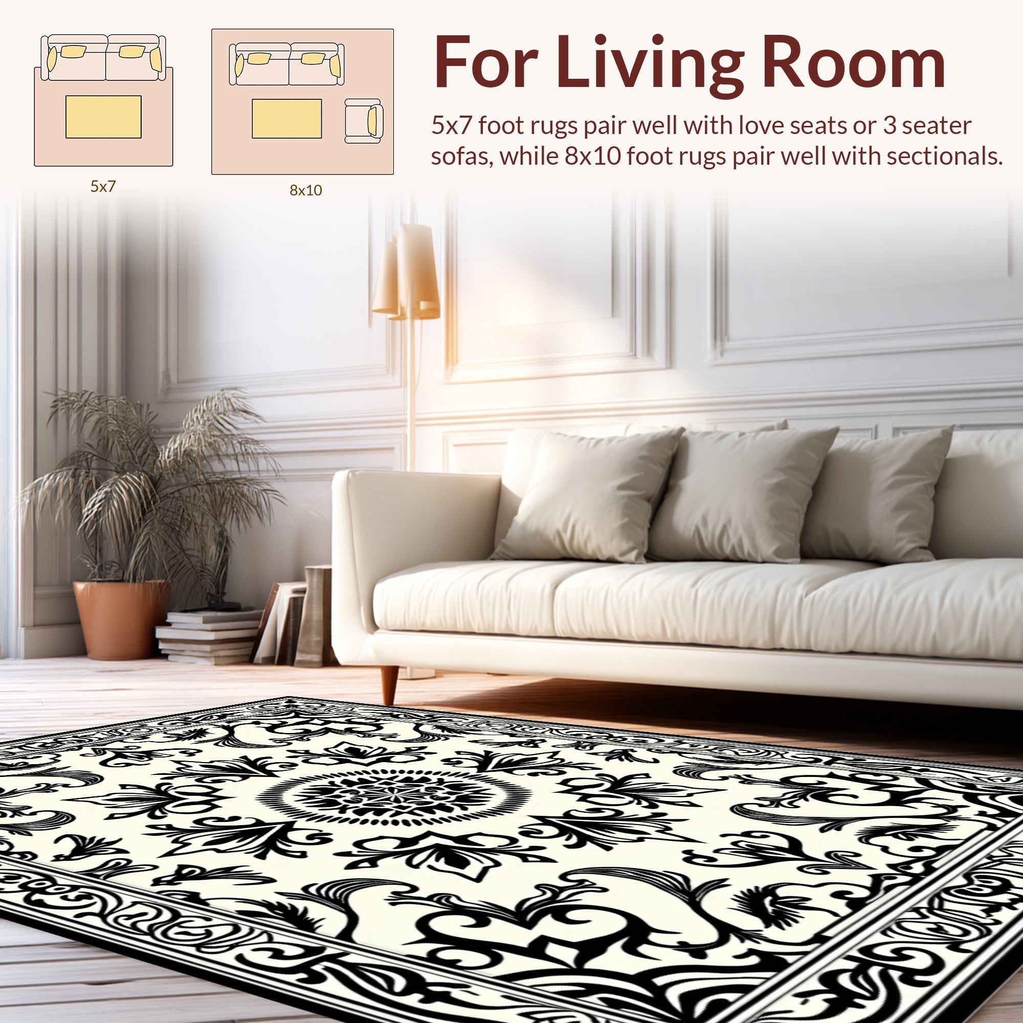 Elegant Black Ivory Damask Pattern Rug