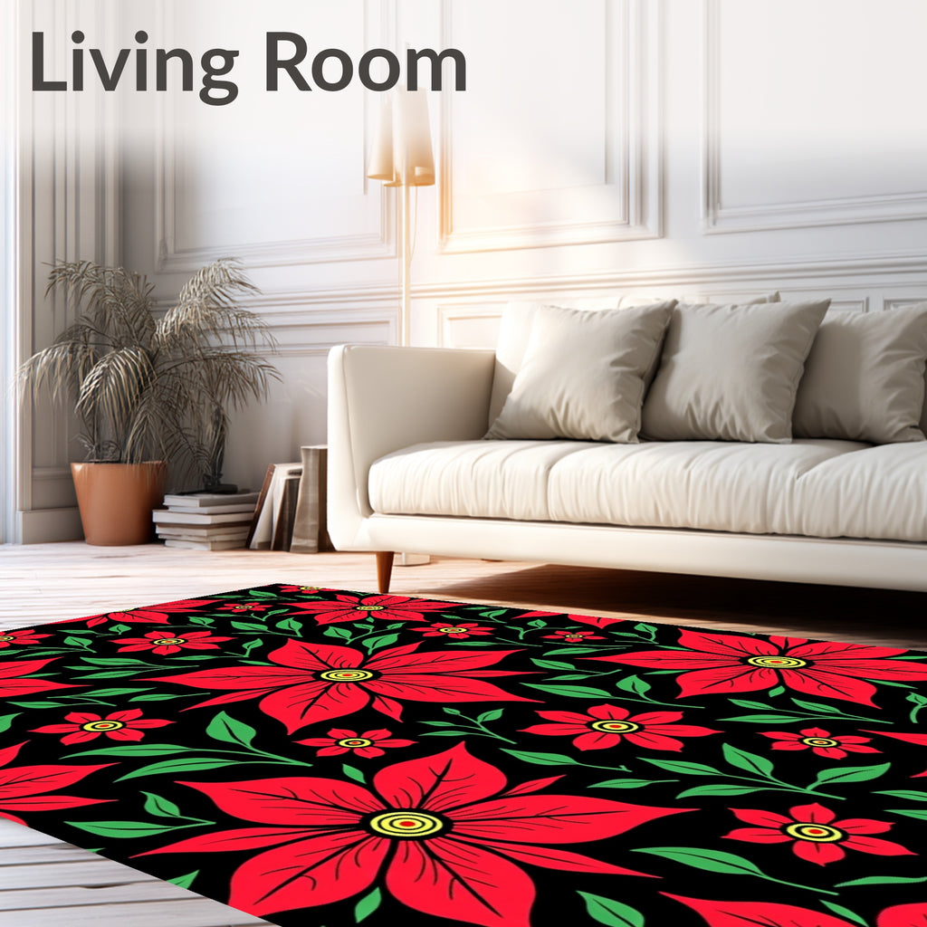 Bold Red Poinsettia Floral Black Rug