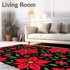 Bold Red Poinsettia Floral Black Rug