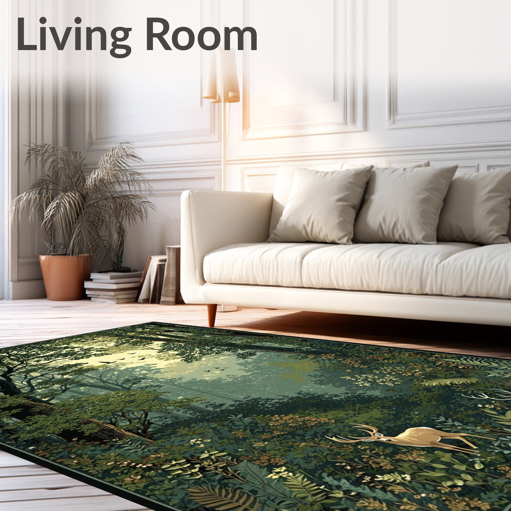 Woodland Deer With Birds Pattern Rug