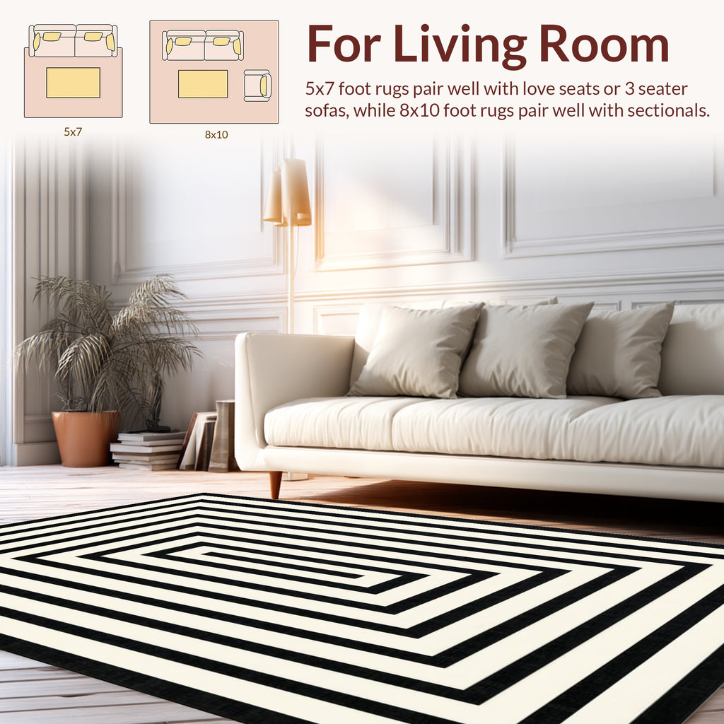 Black White Concentric Rectangle Rug