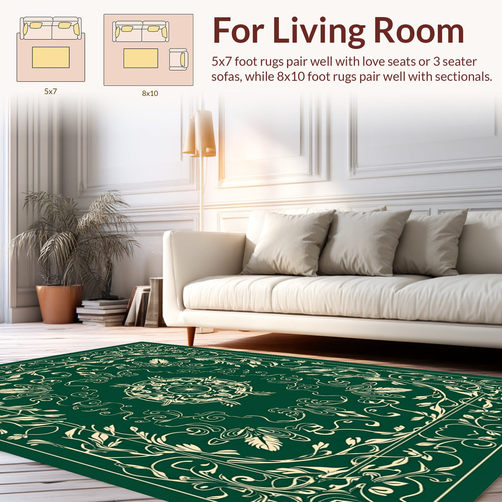 Elegant Floral Mandala Ivory And Emerald Rug