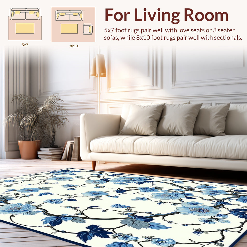 Blue Floral Branch Pattern Rug