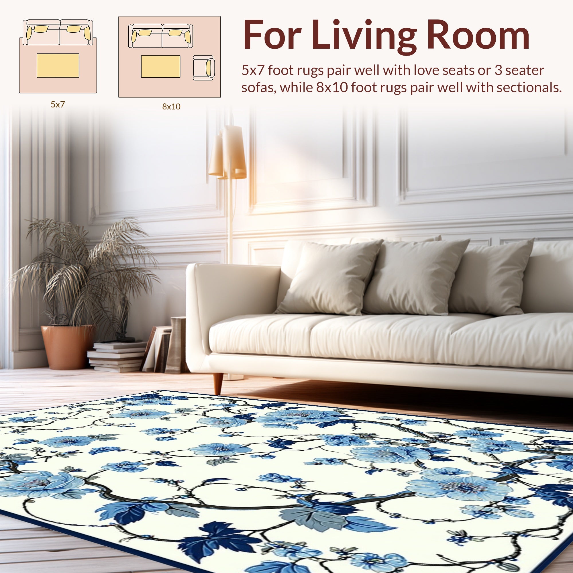 Blue Floral Branch Pattern Rug