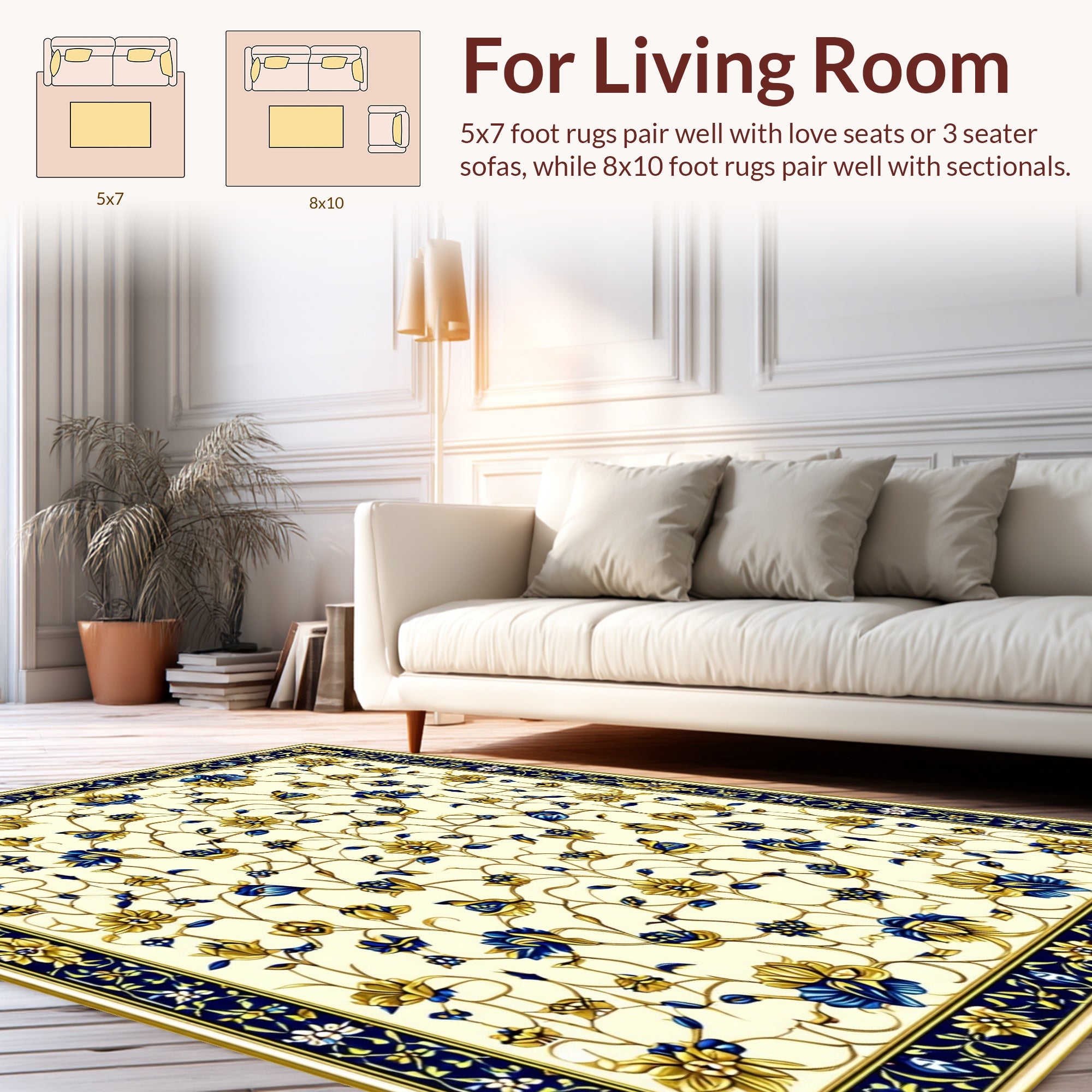 Intricate Floral Garden Blue Gold Design Rug