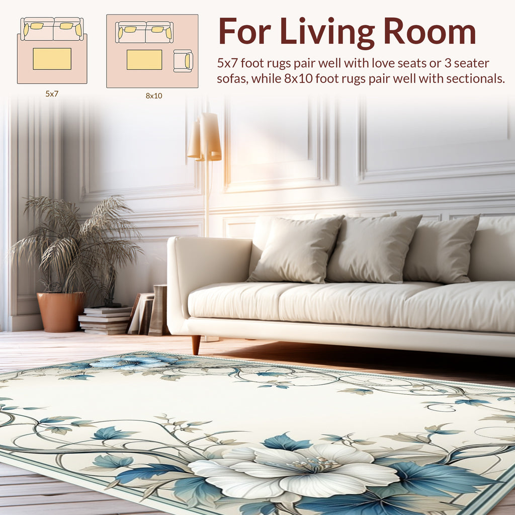 Elegant Blue White Floral Scroll Rug