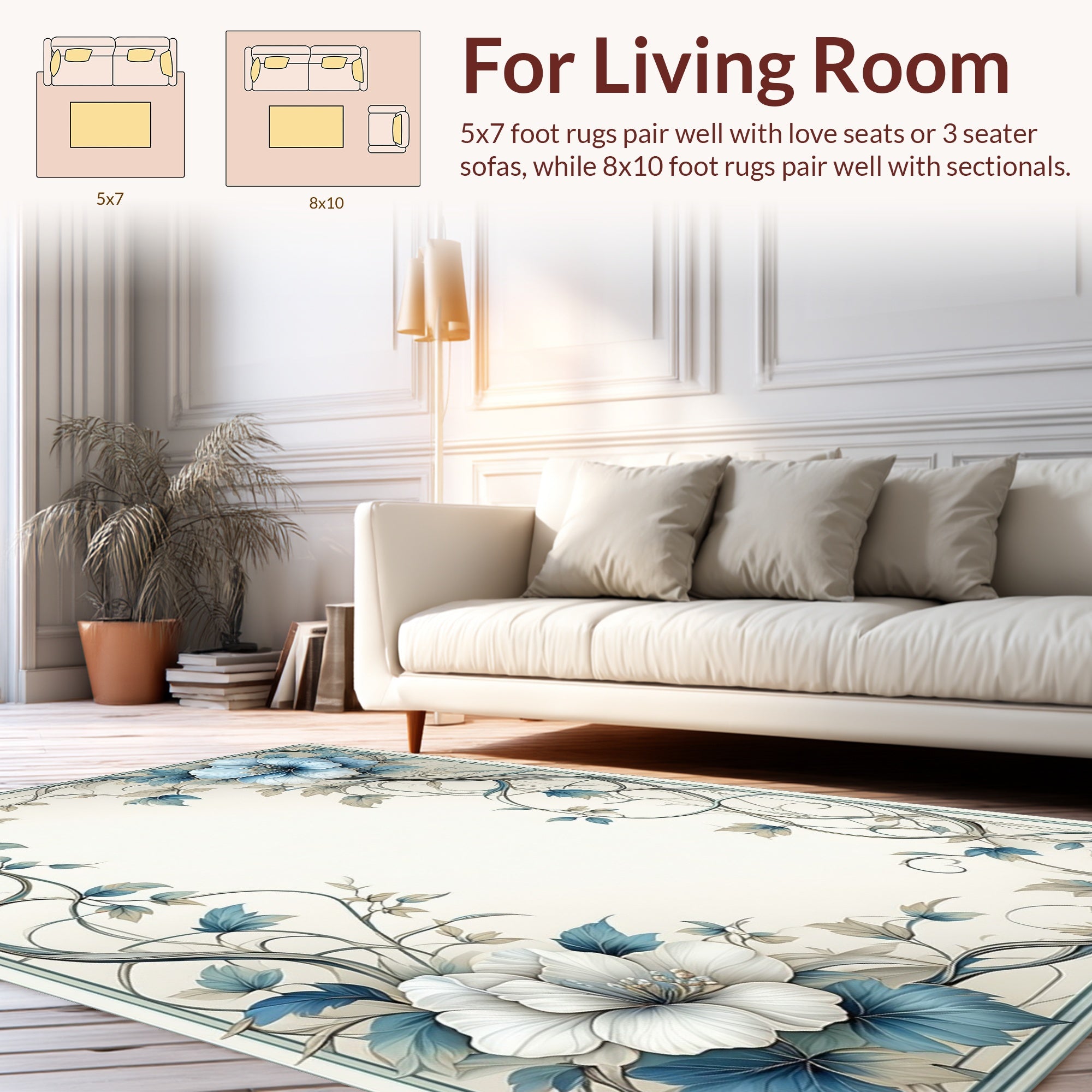 Elegant Blue White Floral Scroll Rug