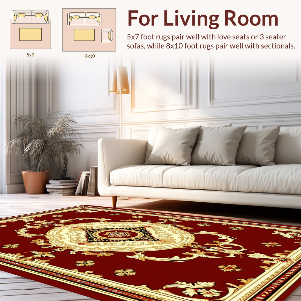 Elegant Red Gold Medallion Pattern Rug