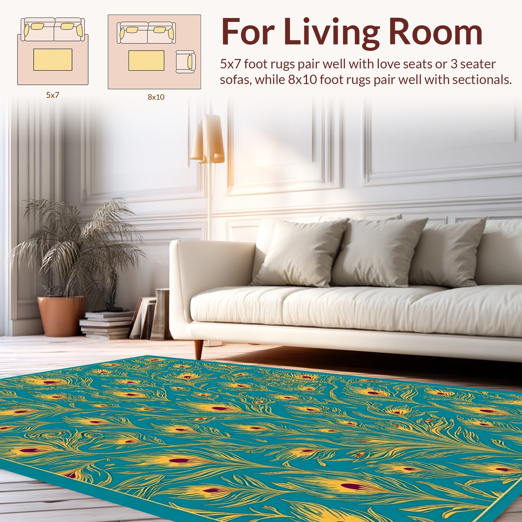 Peacock Feather Pattern Gold Teal Rug
