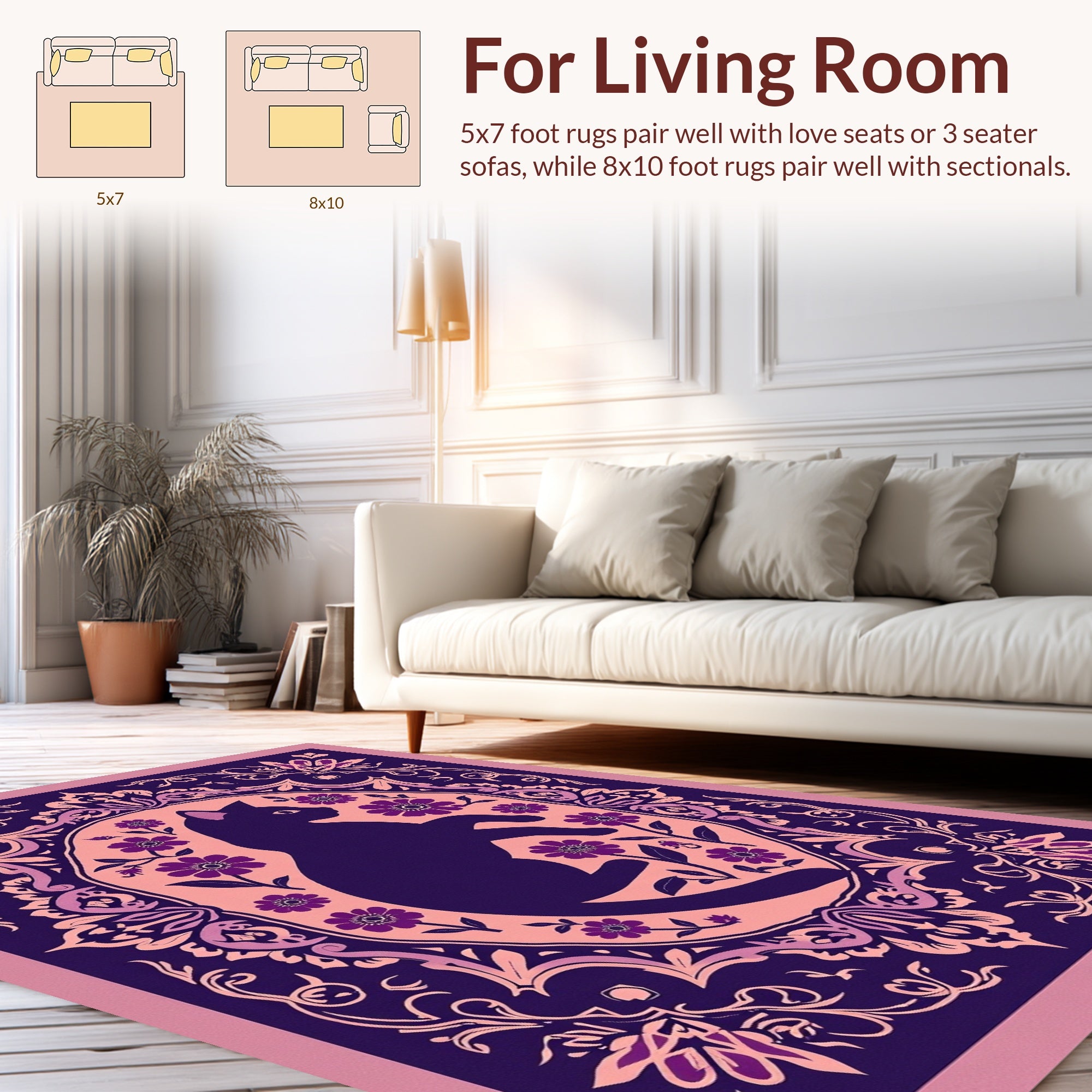 Ornate Black Cat Floral Pattern Rug