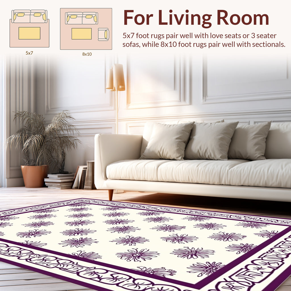 Floral Bordered Repeating Bloom Pattern Rug