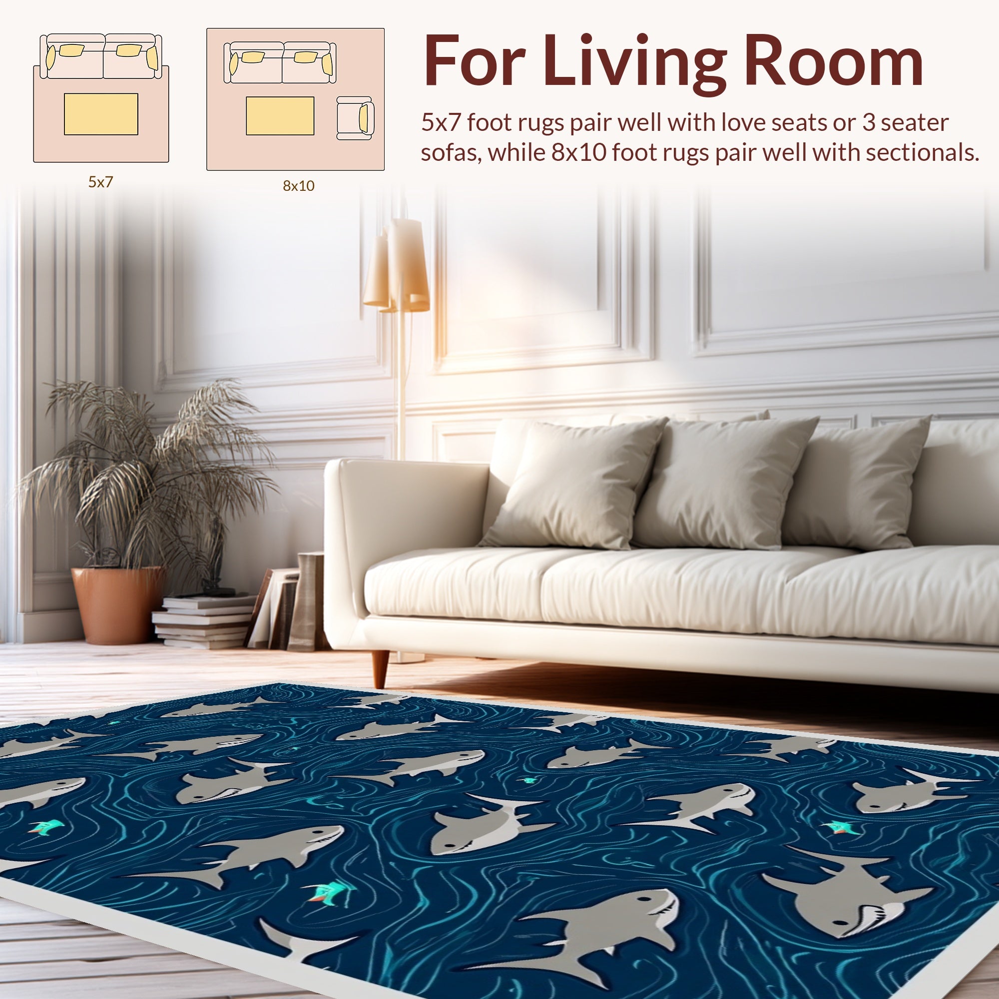 Playful Shark Fish Aqua Ocean Pattern Rug