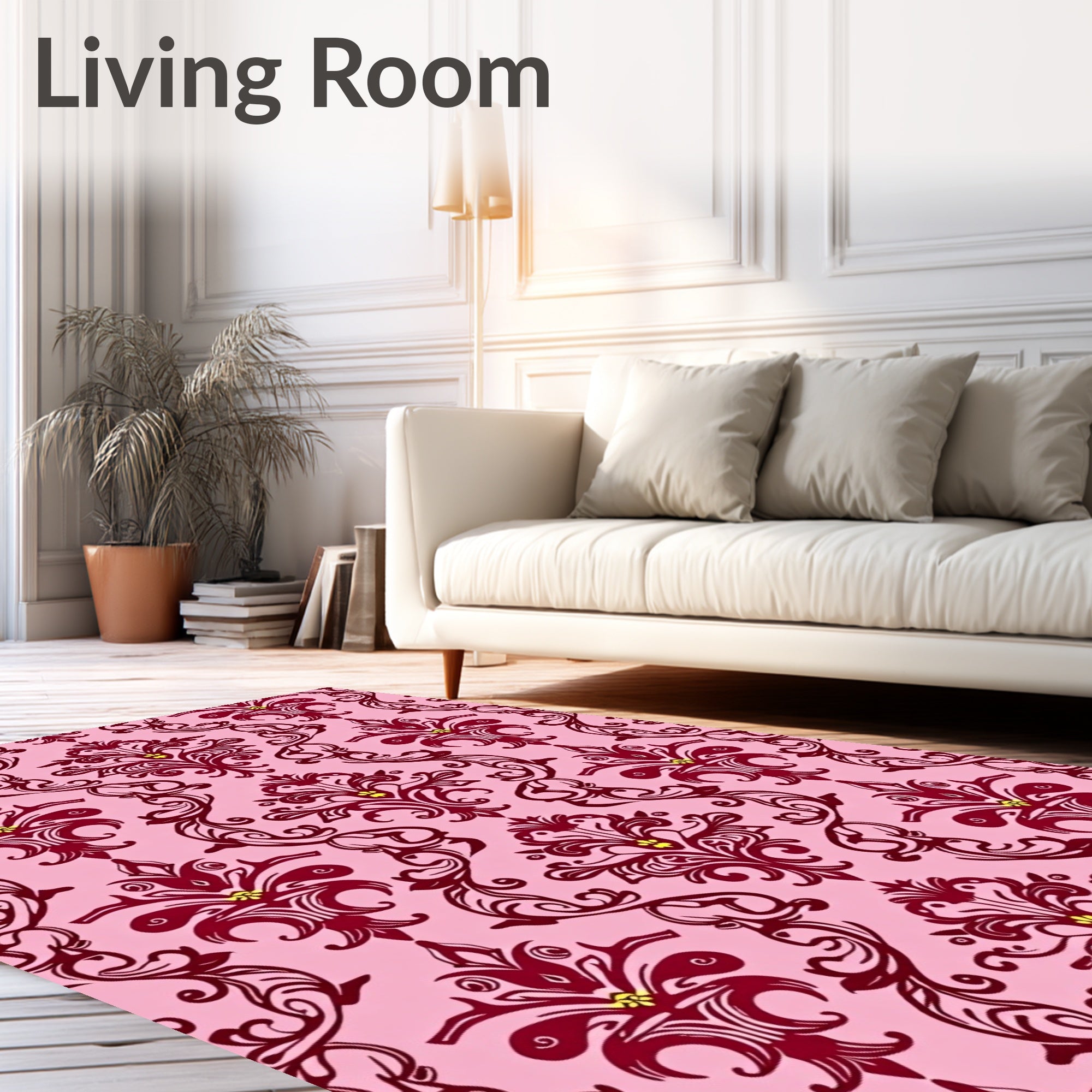 Crimson Floral Damask Pink Background Rug