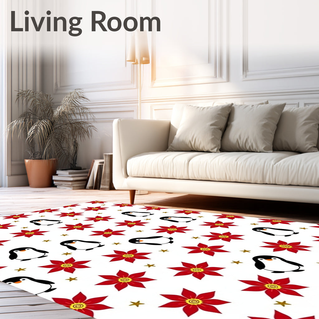 Red Poinsettia Penguin Star Medley Rug