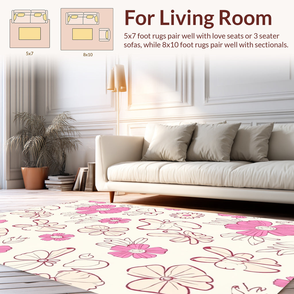 Pink Cream Floral Sketch Design Rug