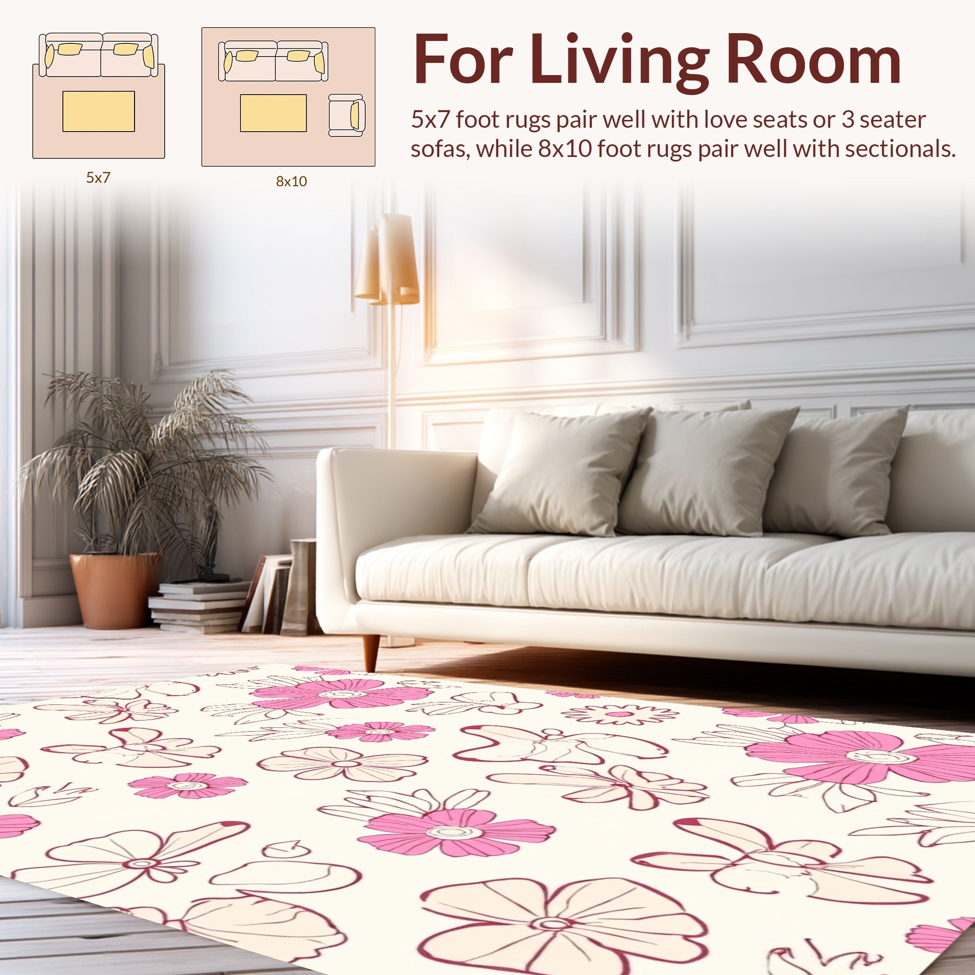 Pink Cream Floral Sketch Design Rug