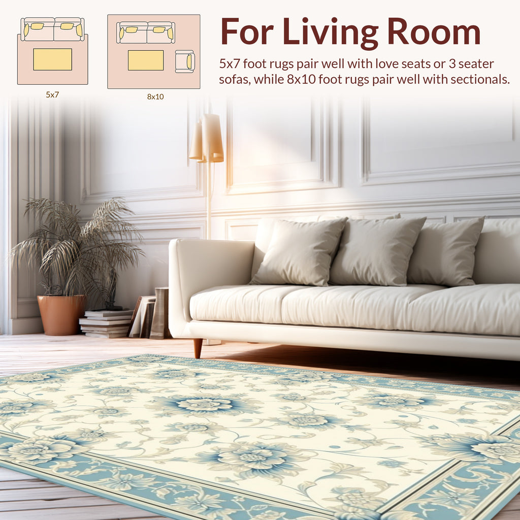 Classic Blue Floral Scrollwork Area Rug