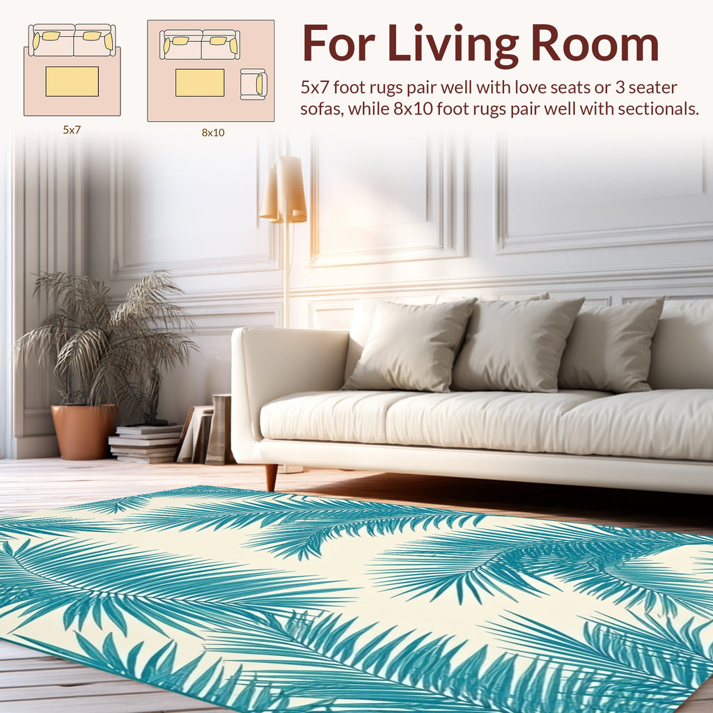 Teal Palm Frond Patterned Area Rug