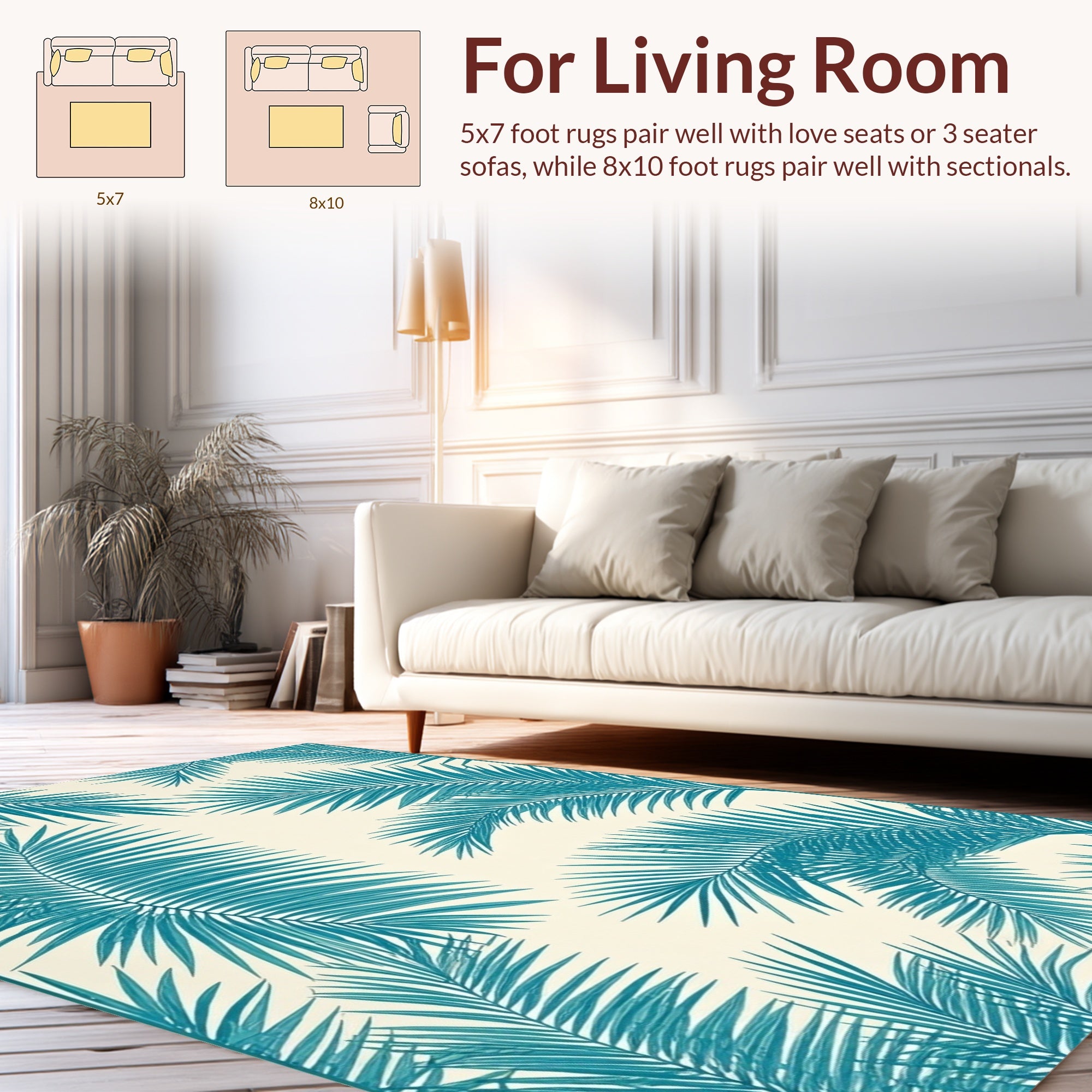 Teal Palm Frond Patterned Area Rug