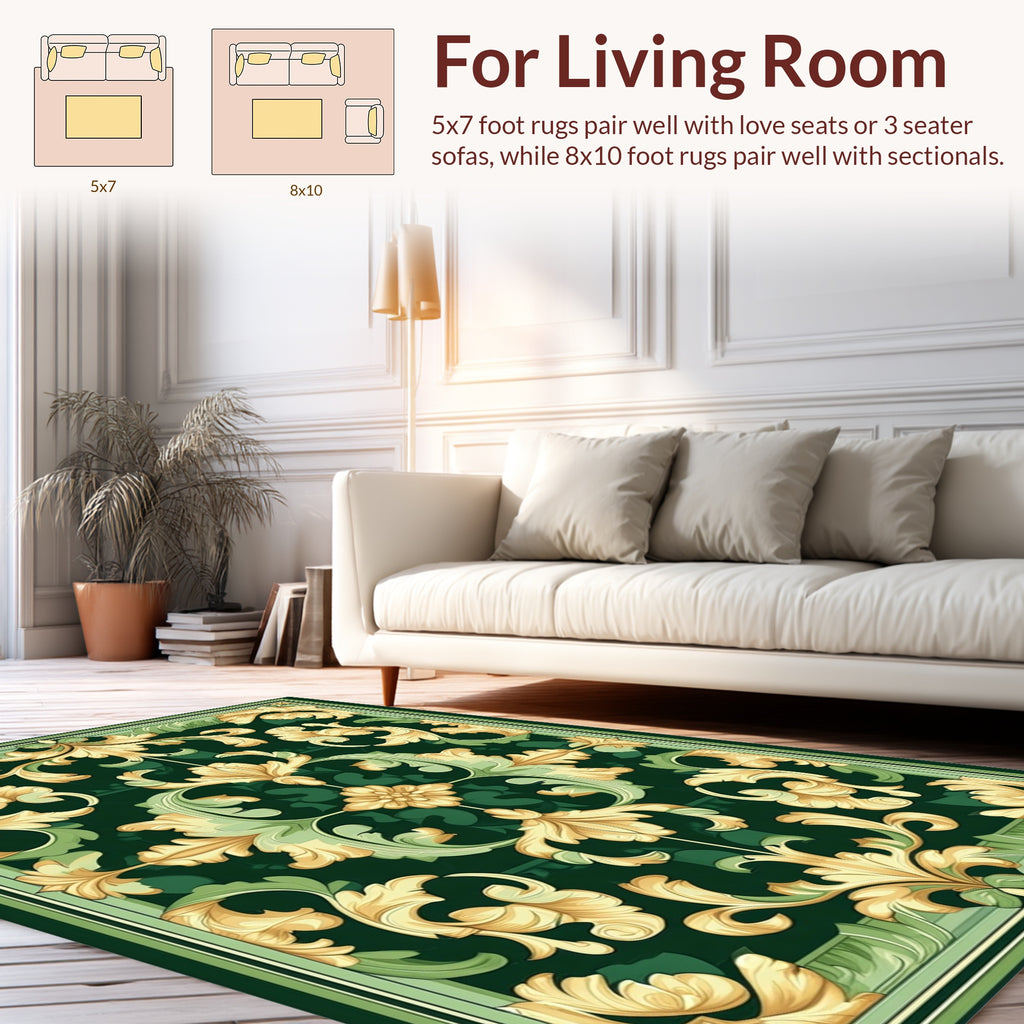 Emerald Green Gold Floral Scroll Rug