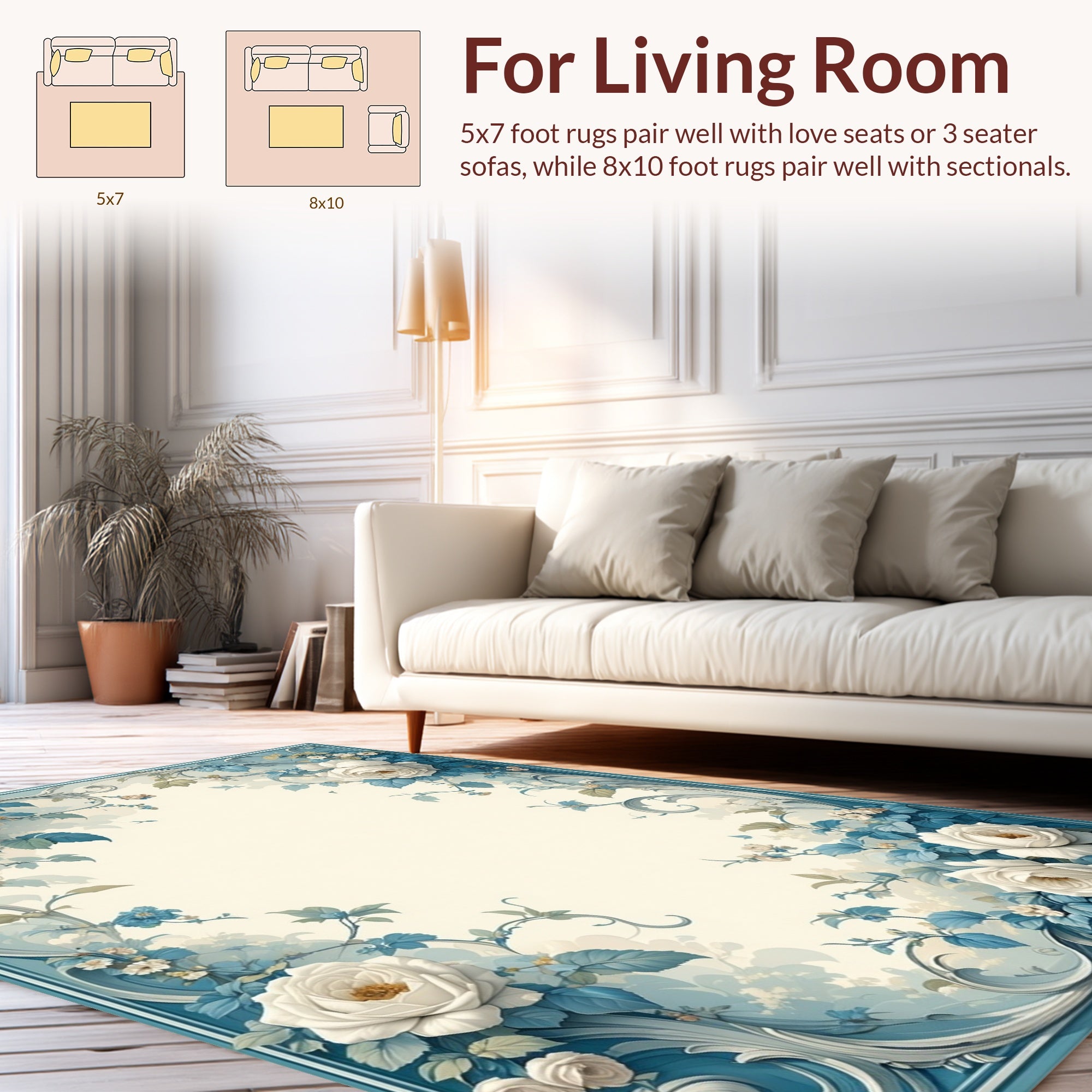 Elegant White Rose Floral Scroll Rug