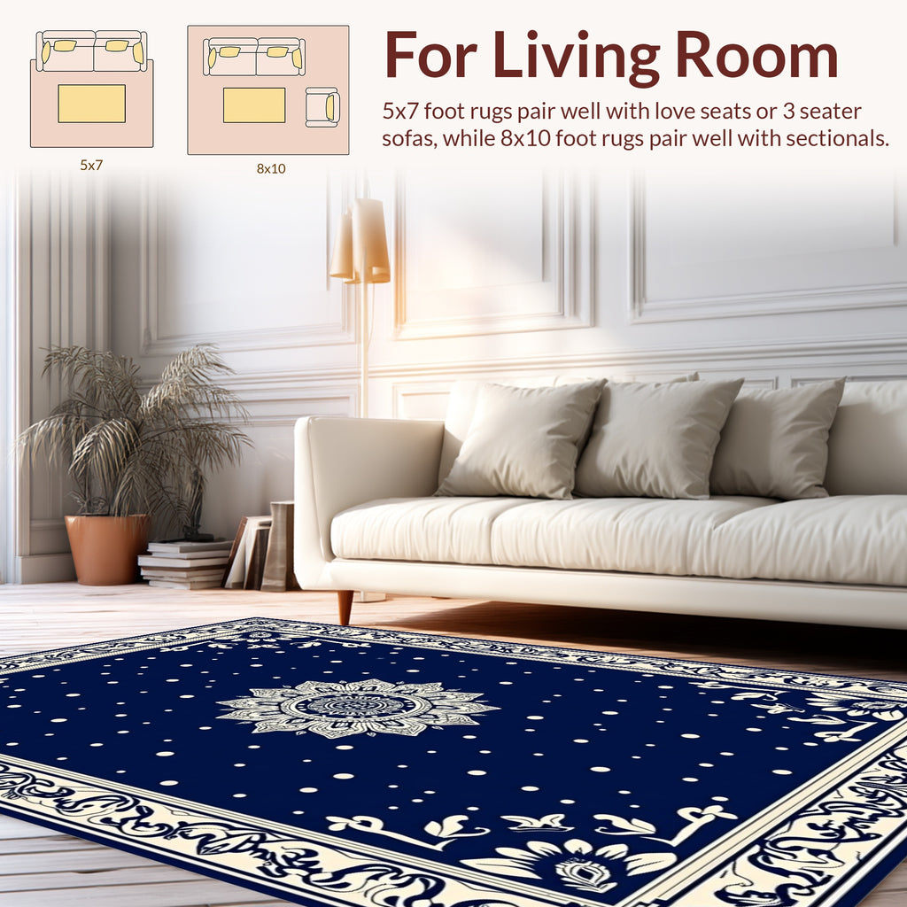 Navy Cream Mandala Dot Pattern Rug