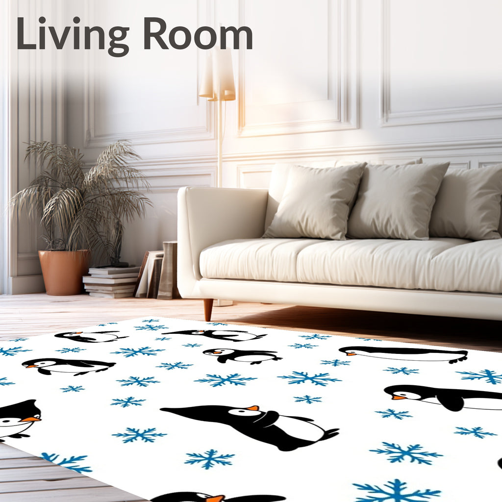 Playful Penguin Snowflakes Winter Scene Rug