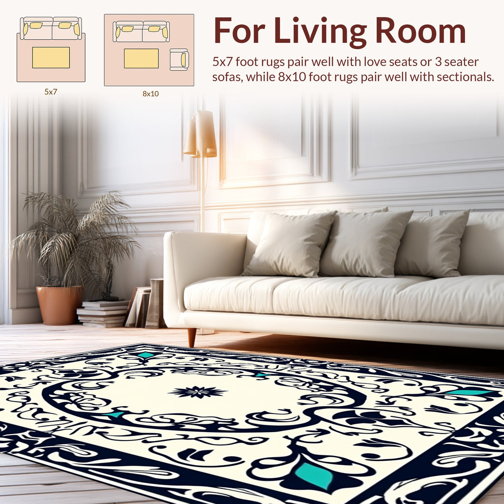 Navy Teal Floral Classic Pattern Rug