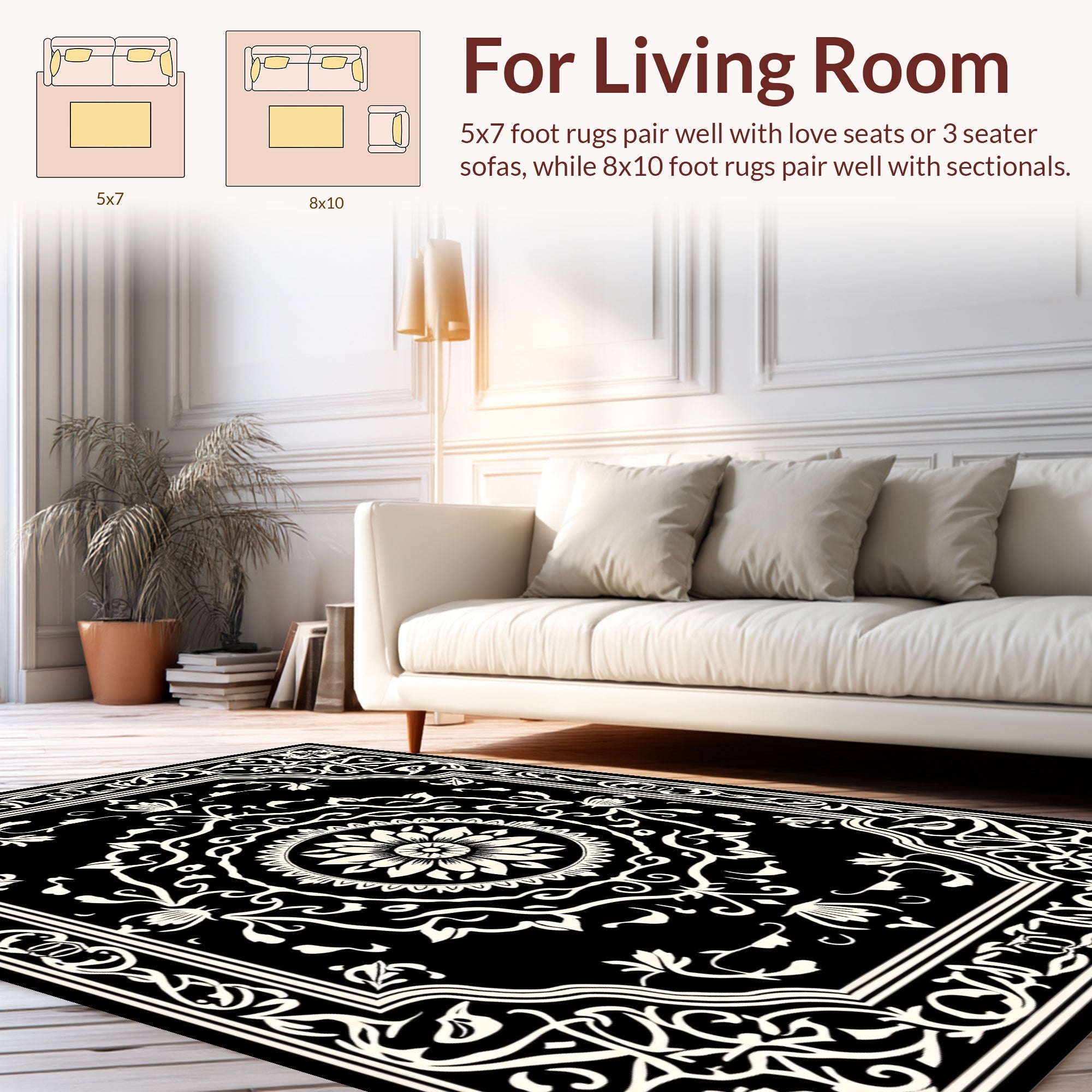 Ornate Black White Floral Scroll Rug