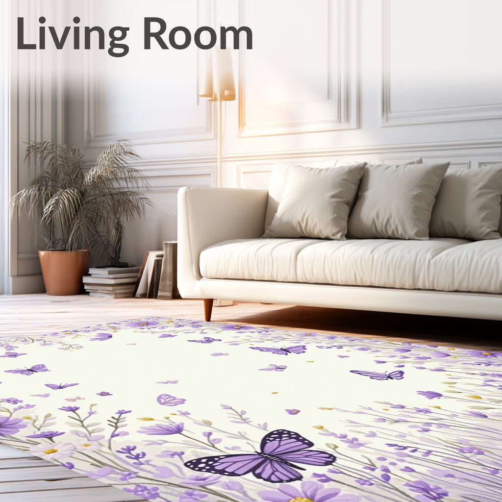 Lavender Floral Butterfly Garden Design Rug