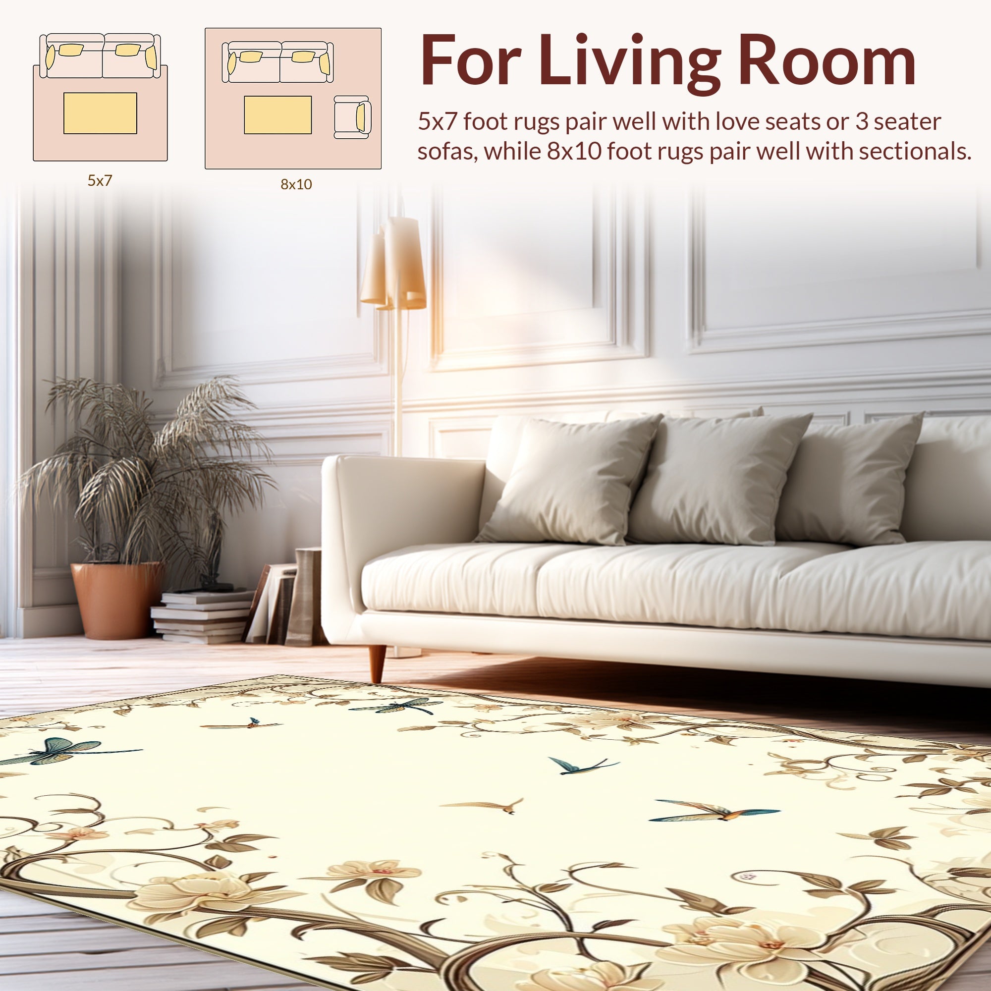 Floral Vine Dragonfly Bird Whimsical Design Rug